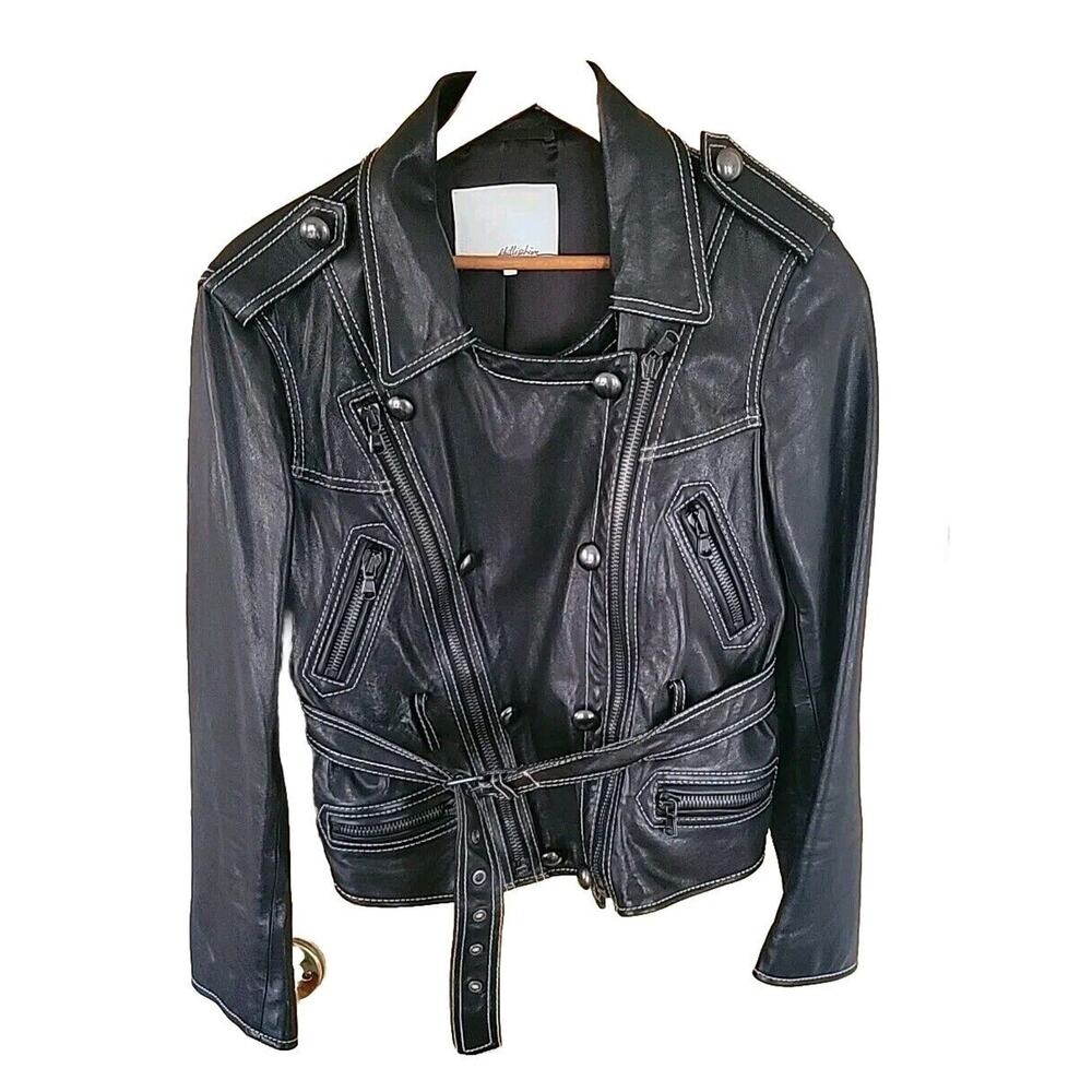 3.1 Phillip Lim Black Leather Bikercore Motorcycle Peplum Belted Jacket 6 US
